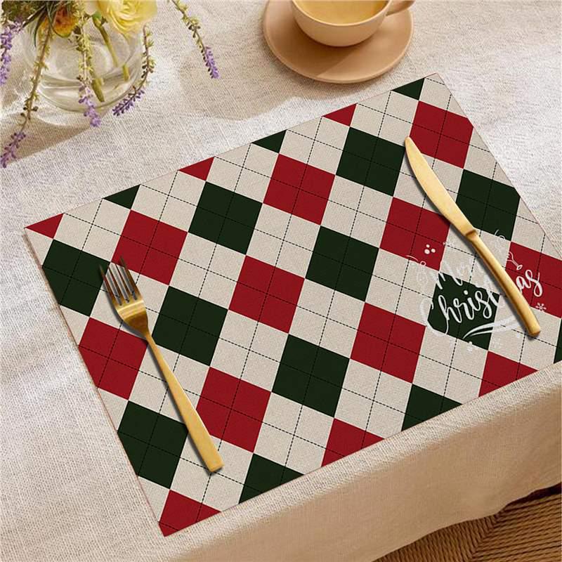 Nordic Christmas Santa Elk Linen Placemat Square, Festive Restaurant Table Decoration