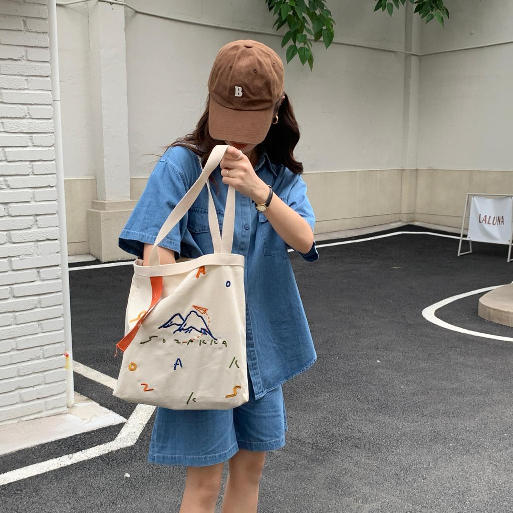 Women Color Contrast Weave Belt Canvas Shoulder Bag Embroidered Large Capacity Student Tote Bag