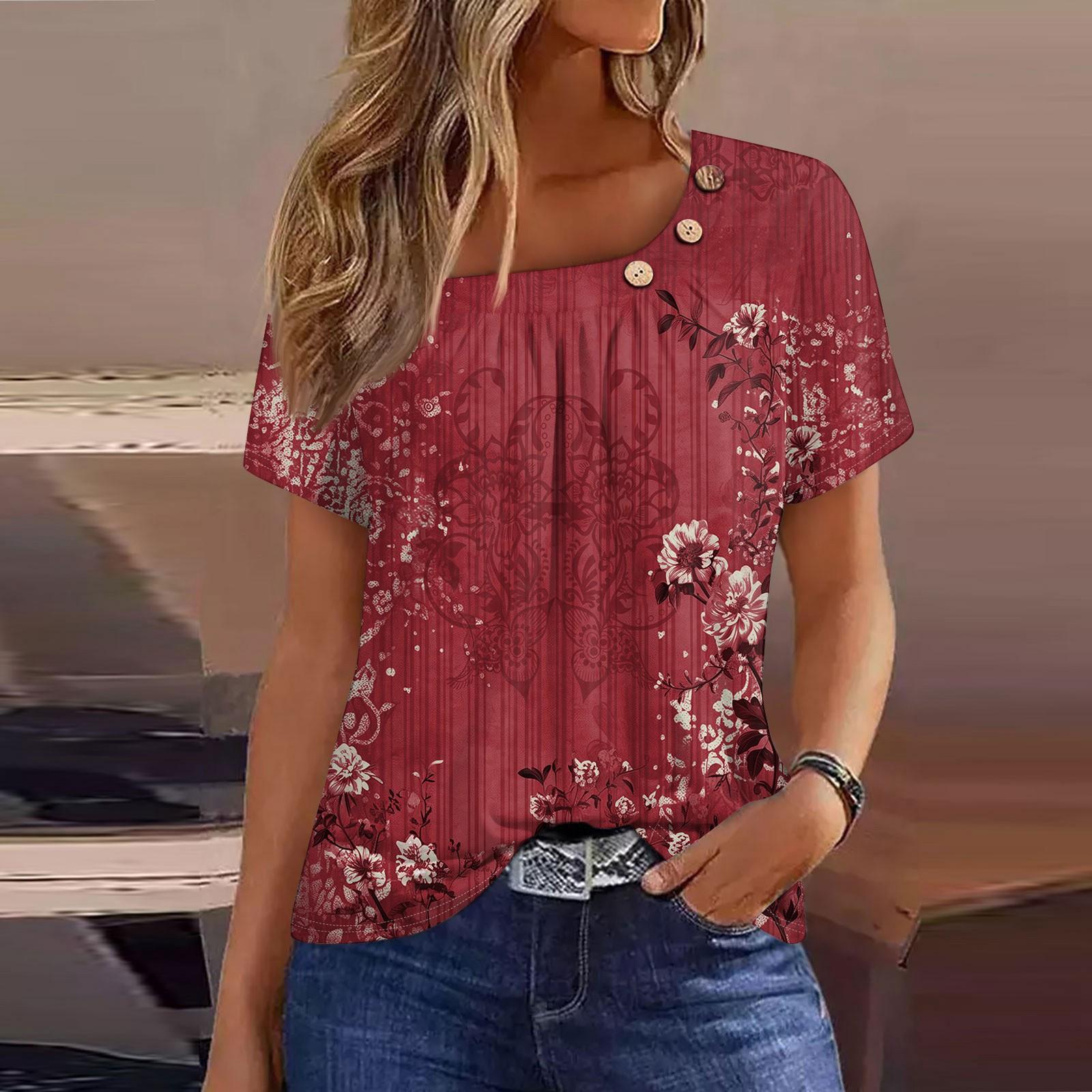 

Женская повседневная футболка с короткими рукавами и круглым вырезом на пуговицах в стиле ретро XL красный