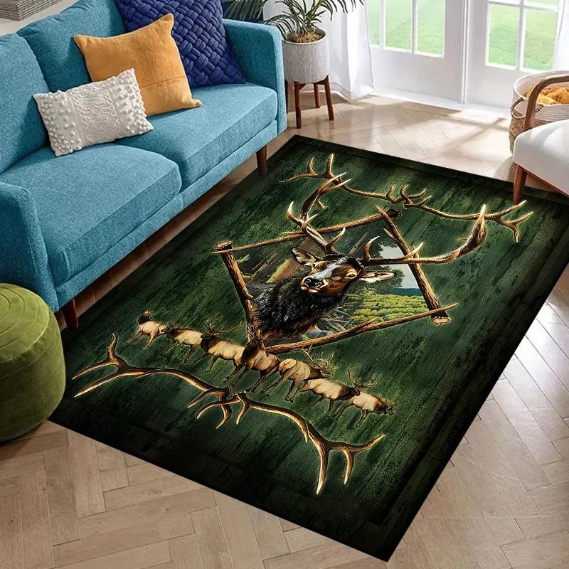 Forest Deer Anti-slip Rug  Animal and Nature Style Floor Mat  Living Room Sofa Bedroom Log Cabin Home Decoration Anti-slip Rug