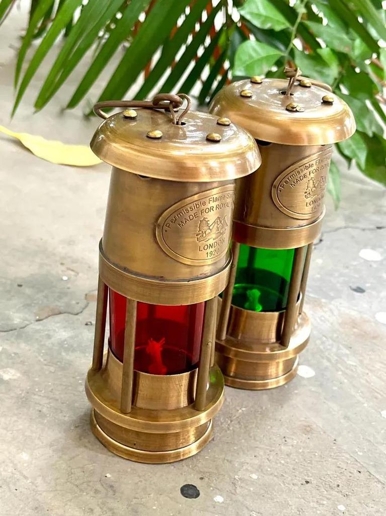 Set of 2 Handmade Brass Oil Lamps: Vintage Style Nautical Lanterns, 6"