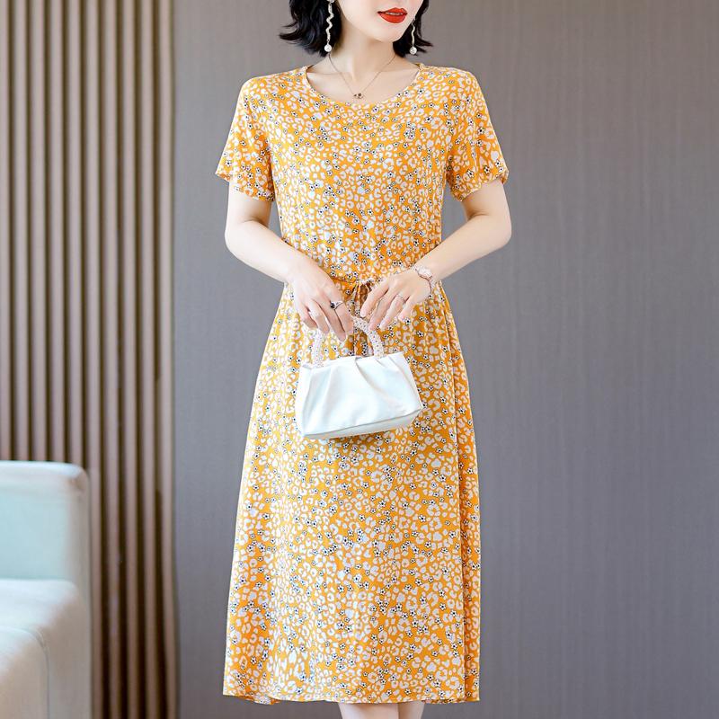 Elegant Dresses for Women  New Casual Vintage Print Long Dress Summer Short Sleeve Korean Style Female Clothing