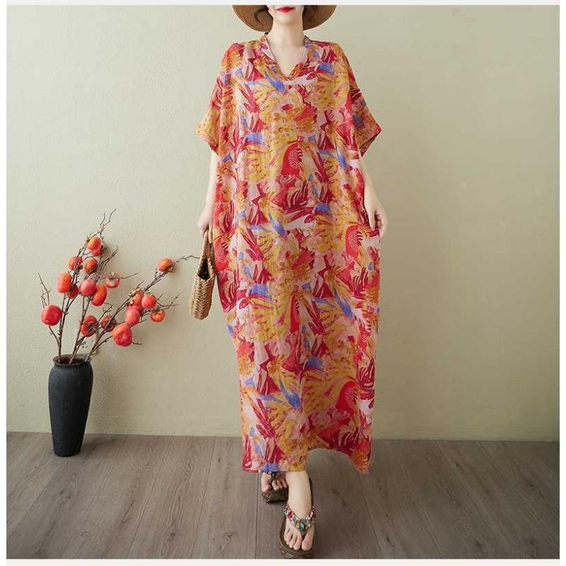 Vestido Largo Vintage para Mujer con Estampados de Algodón y Lino