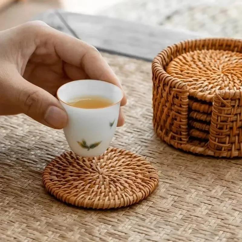6Pcs/set Teacup Mat Round Tableware Mat Cup Dish Mats Rattan Weave Heat Insulated Pad Kungfu Tea Accessories Household Gadgets