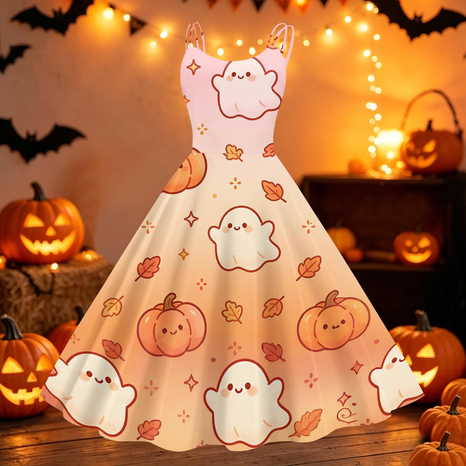 Womens Halloween Print Dress Spaghetti Strap Off Shoulder Punk Vintage Style Midi Dress Casual Party Dress S