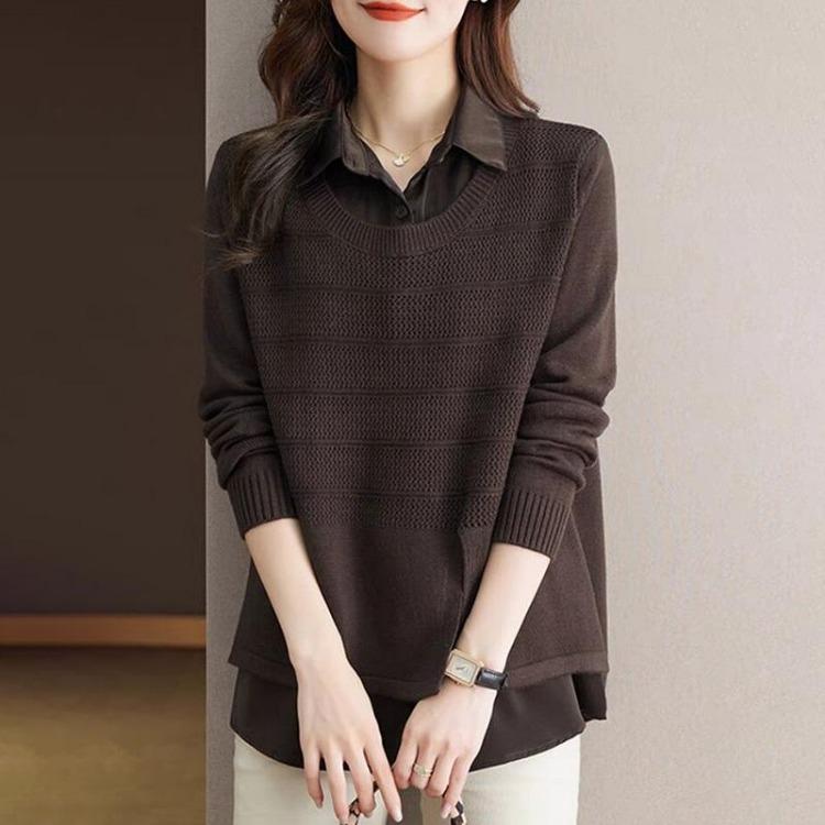 Oversize Cotton Shirt for Women Loose Blouse Long Sleeve Pullover Top Turn Down Collar Casual Fake Two Pieces
