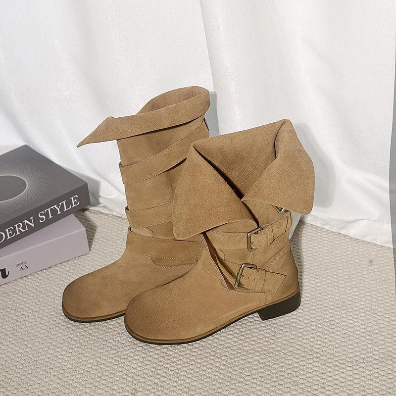 

European and American wind cow anti-velvet fashion boots~ New temperament round head belt buckle sleeve medium heel thick heel short boots large size 40 малиновый