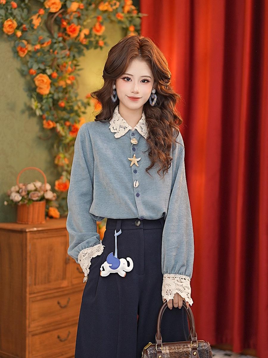 Zhang Jiayuan Lace Lapel Patchwork Long Sleeve Women s Winter Shirt Top #G14981 Small серый/синий