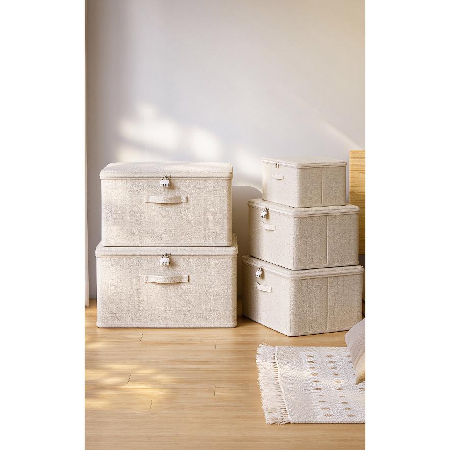 Lidded Clothes Storage Box, Linen Cotton Extra Large Capacity Household Folding Large Wardrobe Clothing Lockable Organizer Box