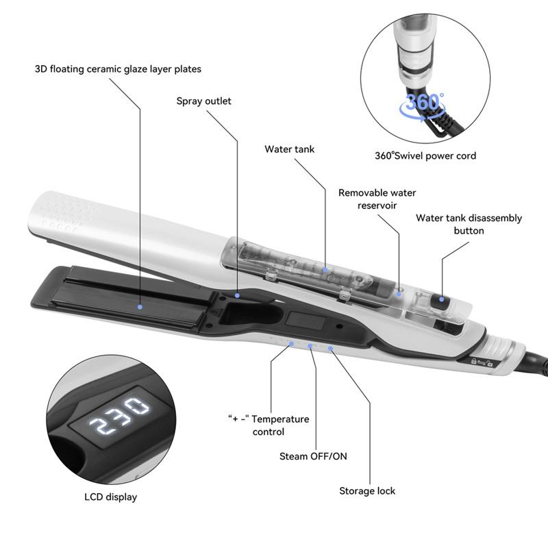 Steam Hair Straightener Professional Electric Ceramic Wide Hair Curling Flat Iron Hair Plates Lcd Display Hot Comb Straightening
