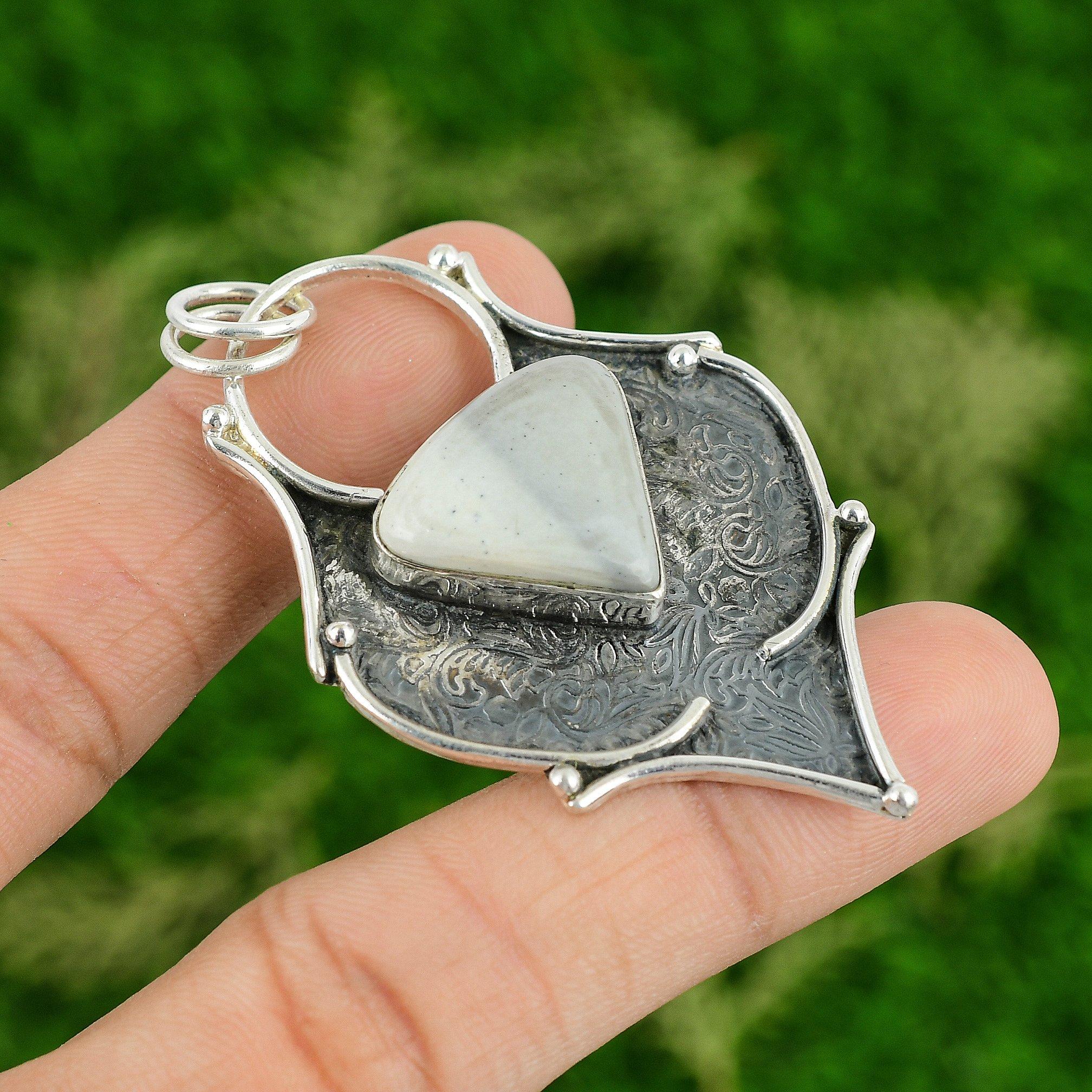 

Trillion Natural Gray Osolite Jasper Art Deco Wedding Pendant Sterling Silver