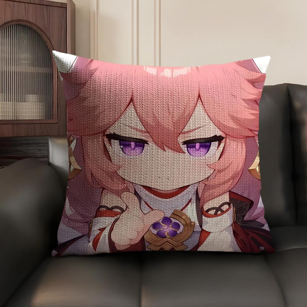 Yae Miko Cute Genshin Impact Cushion Cover Natural Linen Organic Fabric DoubleSided Printing Sofa Home Decor Gift Pillow Case