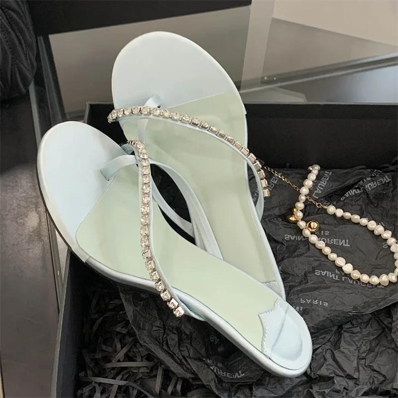 Eilyken Summer Crystal Clip Toe Slippers Women Elegant Low Thin Heels Sandals Flip Flops Slide Shoes Zapatos De Mujer