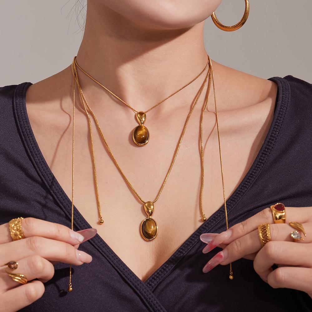 Fashion Agate Pendant Adjustable Long Sweater Chain - Simple Stainless Steel Design