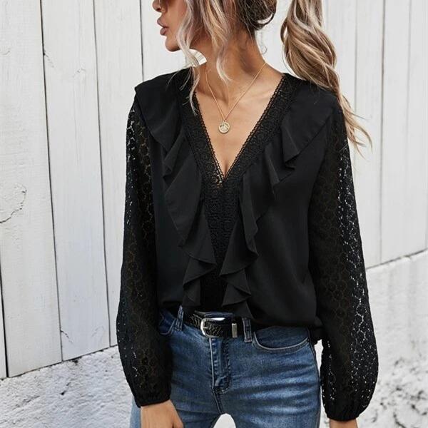

Женская мода V-образный вырез Полое кружево Женская одежда с длинными рукавами Футболки и топы с длинными рукавами XXL чёрный