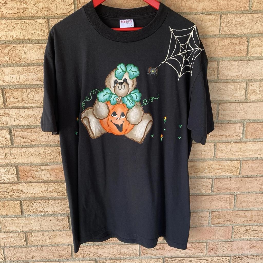 80s 90s Halloween Bear Pumpkin Single Stitch Black T-shirt Sunbelt XL Paint Trim