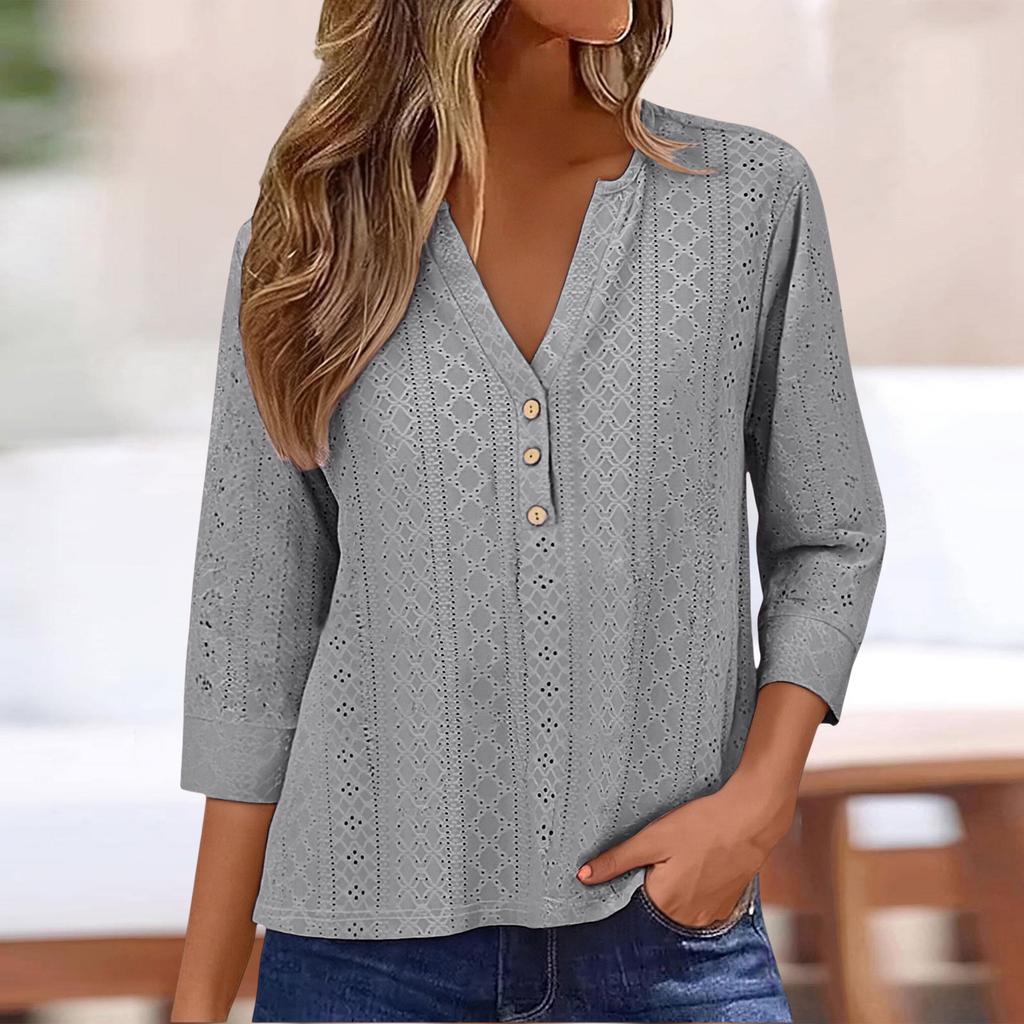 Blouse Femme Boutonnée Col en V Manches Courtes Hauts