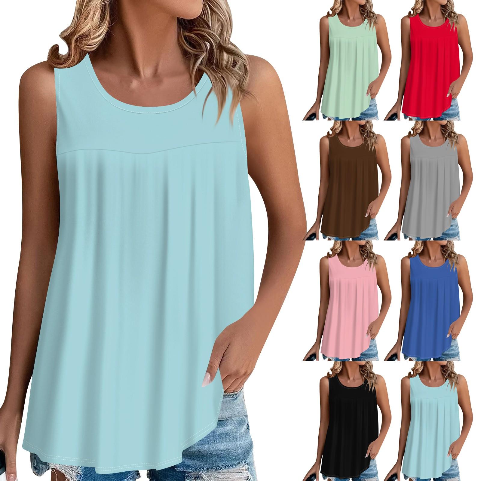 

Женские летние майки без рукавов, однотонные, плиссированные спереди, свободные майки.