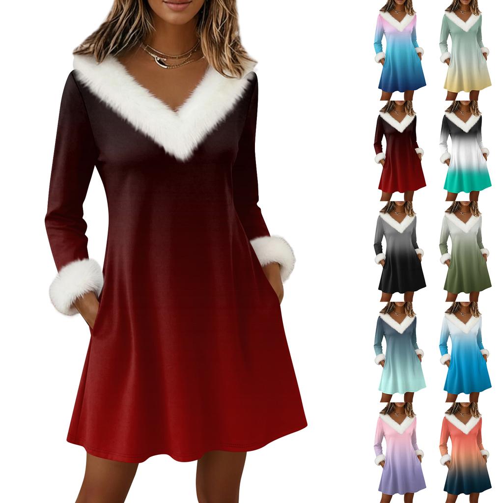 Womens Long Sleeve Pullover Dress Casual Knit V Neck Knee Length Dresses With Pockets