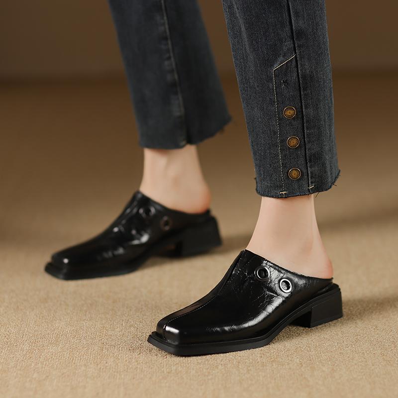 Fashion Elegant Women Summer New Square Toe Cowhide Genuine Leather Slides Shoes Office Ladies Work Med Heels Slip On Loafers Slippers