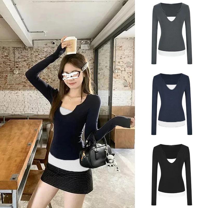 

Retro Two-Piece Color Block Long Sleeve T-Shirt - Summer Slimming Straight Shoulder Design L (recommended for 105-115 jin)