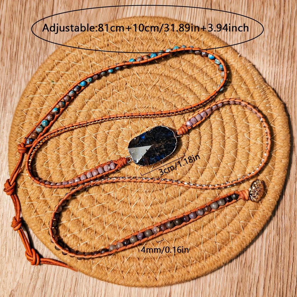 Bohemian Style Adjustable Natural Labradorite & Creative Hand-Woven Bracelet - Vintage 5-layer Wrap Stunning Design for Everyday and Holiday Wear,