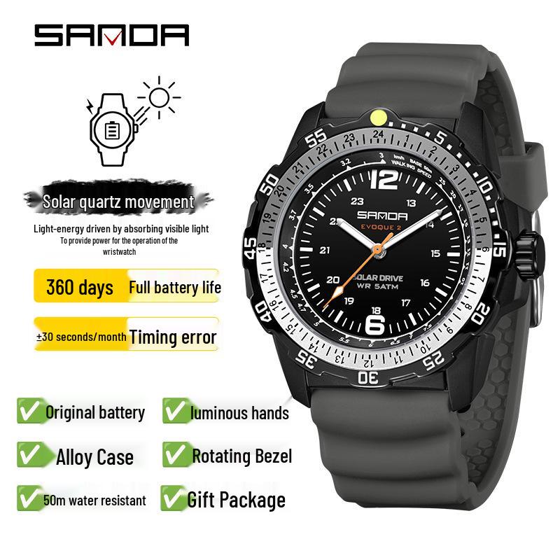 Sanda Men's Solar-Powered Sports Watch - Glow In the Dark, Waterproof, Pointer-Type, Long-Lasting