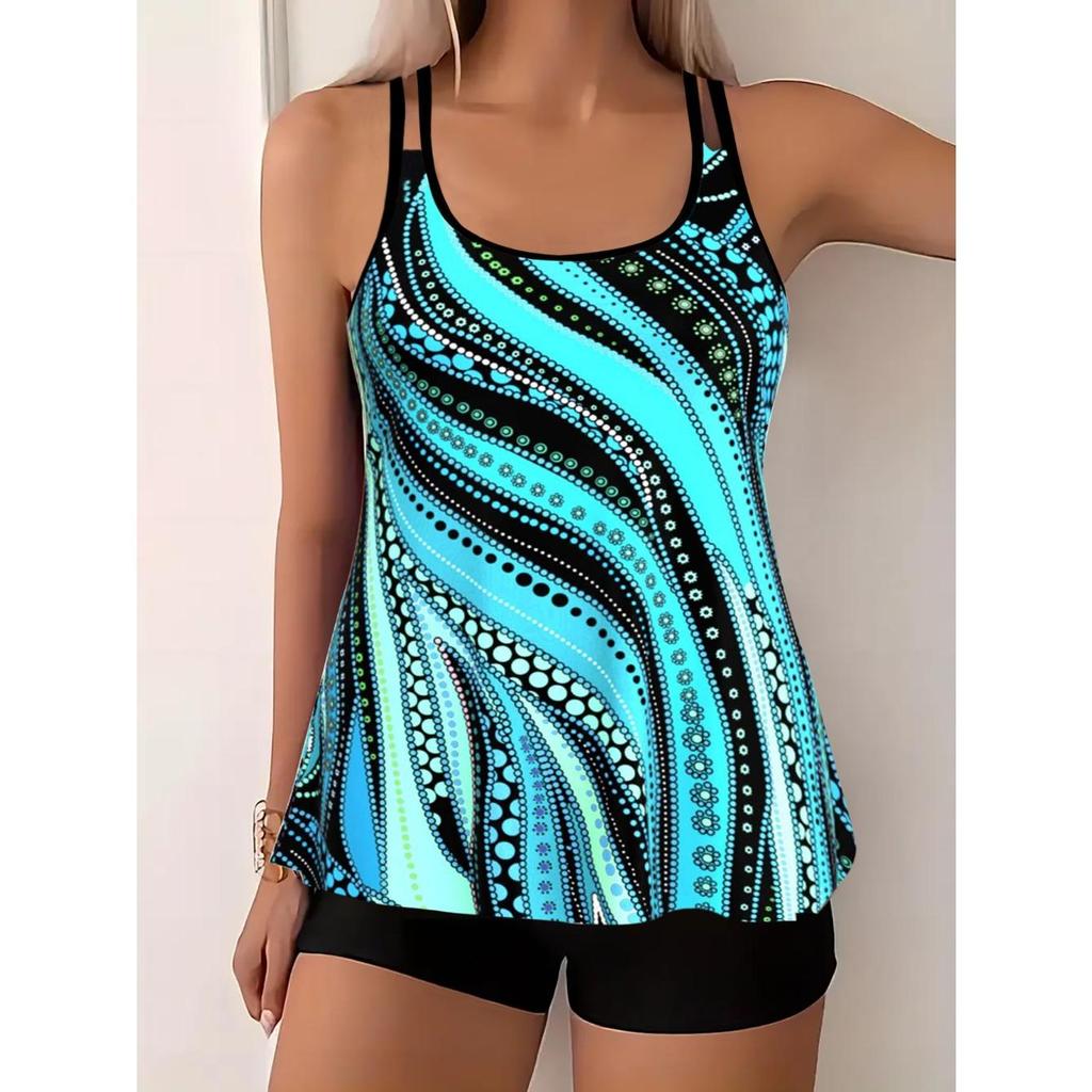 Set Tankini Elegante Taglie Forti Set Bikini da Donna Taglie Forti Stampa Abito Tank da Festa Costume da Bagno 2 Pezzi Set Costume da Bagno