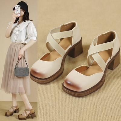 Fashion 2024 New Pointed Toe Shallow Mouth Square Heel Small Leather Shoes Women's Elegant Fashion High Heels Dress Mary Jane Shoes