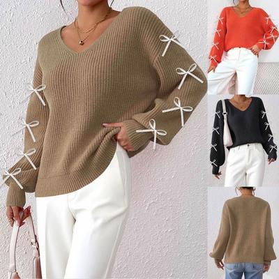 Women S V Neck Long Sleeve Pullover Sweater With Ribbon Bow Decoration