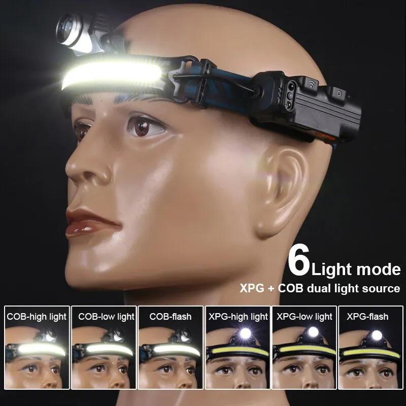 USB Rechargeable Induction Headlamp Zoom COB LED Head Lamp Built In Battery Flashlight Multifunction 6 Modes Head Torch