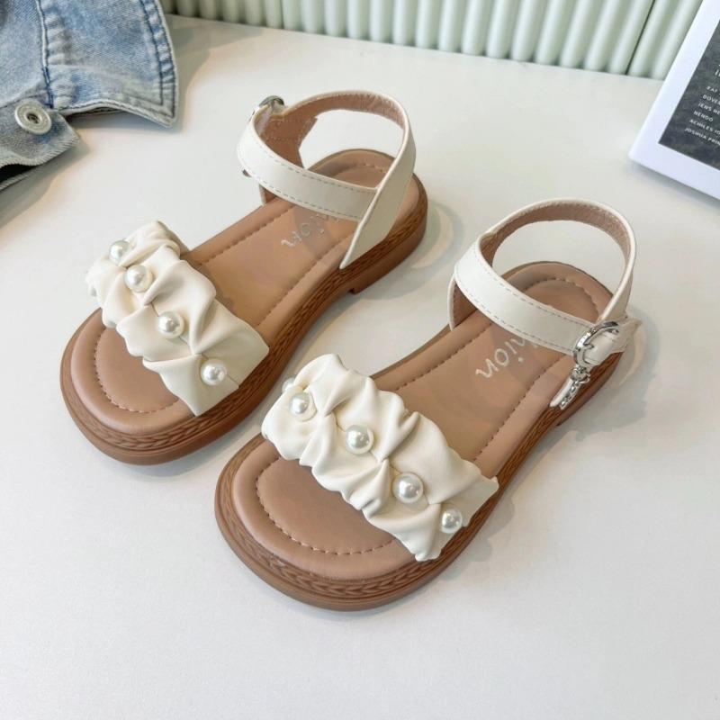 Dívčí plisované sandály s perlami otevřené špičky dětské princeznovské boty Mary Janes na párty svatbu dětské letní plážové boty jednoduché
