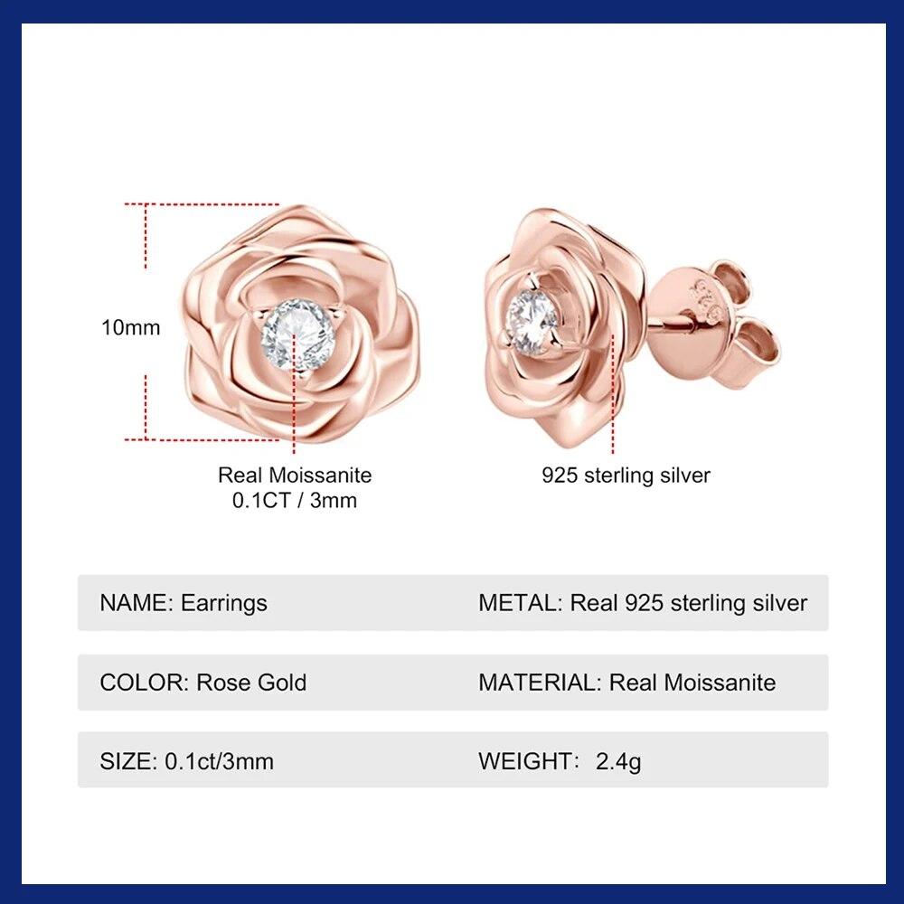 Rose Gold Moissanite Earrings for Women 925 Sterling Sliver 3mm Rose Flower Diamond Stud Earring Fine Jewelry Gift