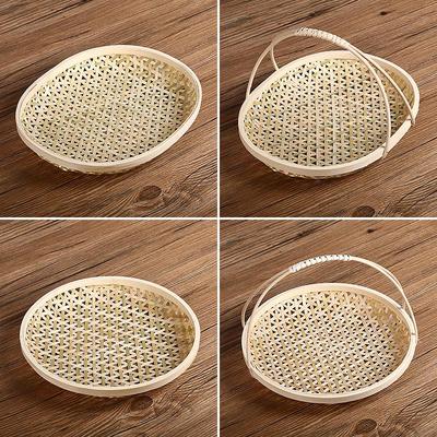 Handmade Bamboo Woven Basket: Versatile Fruit, Tea, Snack Plate with Handle - Small Winnowing and Storage Solution.