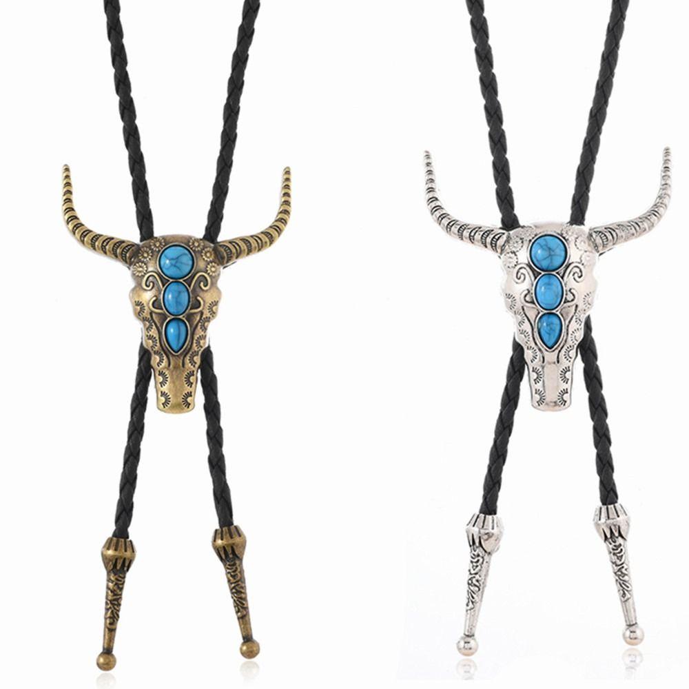 Adjustable Bolo Tie Necklaces Turquoise Vintage Sweater Chain Trendy Bull Head Necklaces Men Women