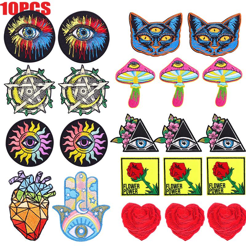 10pcs /Lots Colorful Eyes Cat Mushroom Embroidered Patches Diy Iron On Patches For Clothing Thermoadhesive Patches Sew Stickers
