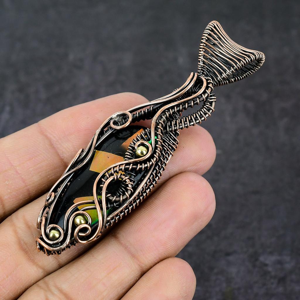 Natural Ammolite Gemstone Handmade Copper Wire Wrap Pendant Jewelry 3.23" M7r70