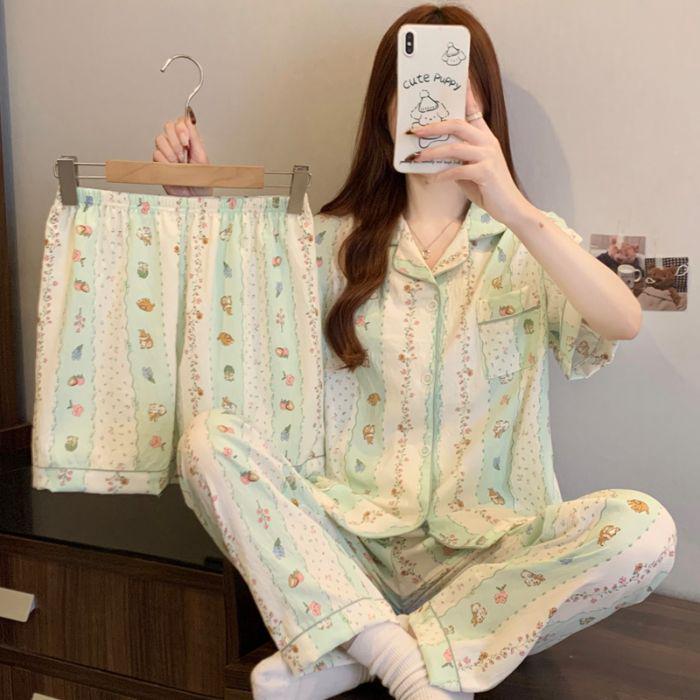Women's Cloud Cotton Three-Piece Pajama Set - Spring/Summer Short-Sleeve Lapel Cardigan, Sweet Forest Girl Homewear Style