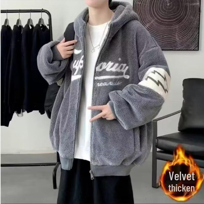 Men's Winter Velvet Hoodie - Trendy Loose Lamb Wool Sweatshirt for High School Students