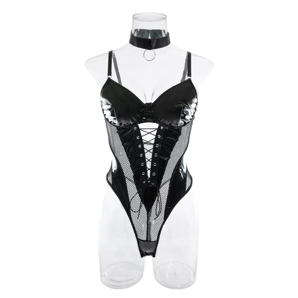 European & American Nightclub Hot Girl PU Leather Mesh Lace-up Backless Bodysuit