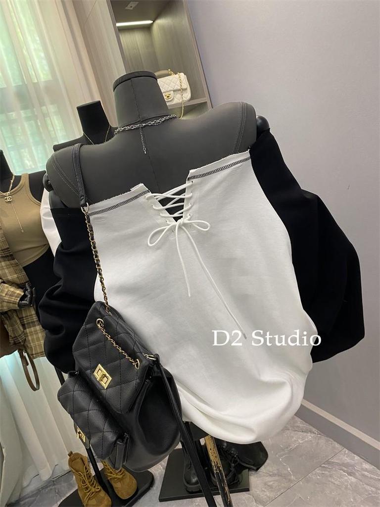 Korejská barevně blokovaná mikina s dlouhým rukávem na zavazování se syrovým okrajem pro ženy