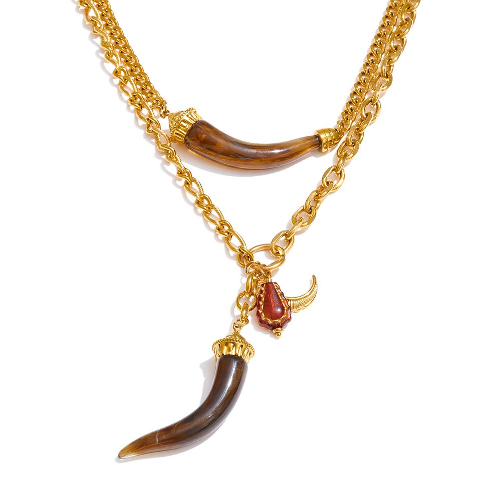 

Yhpup New Arrival Stainless Steel Double-Layer Resin Horn Pendant Necklace 18K Golden PVD Plated Waterproof Charm Jewelry Gift