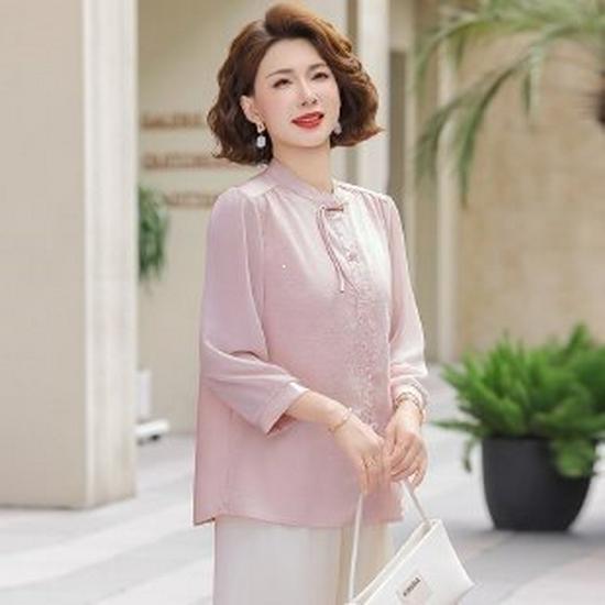 Mother s Day New Chinese Style Seven-Sleeve Summer Chiffon Blouse for Middle-Aged and Elderly Women 5XL розовый