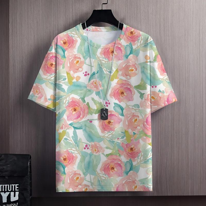 Colorful Flowers Clusters 3D Print T Shirt For Men Grass Plant Pattern Tees Summer Casual Short Sleeve Tops Round Neck T-Shirts