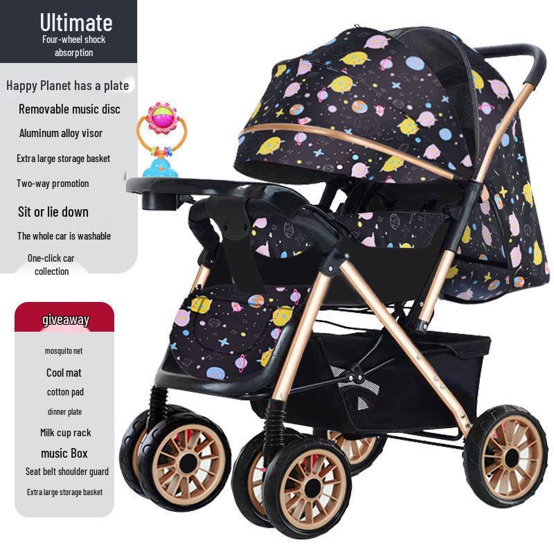 Reversible Foldable Baby Stroller with Shock-Absorbing Wheels and Large Sleep Basket