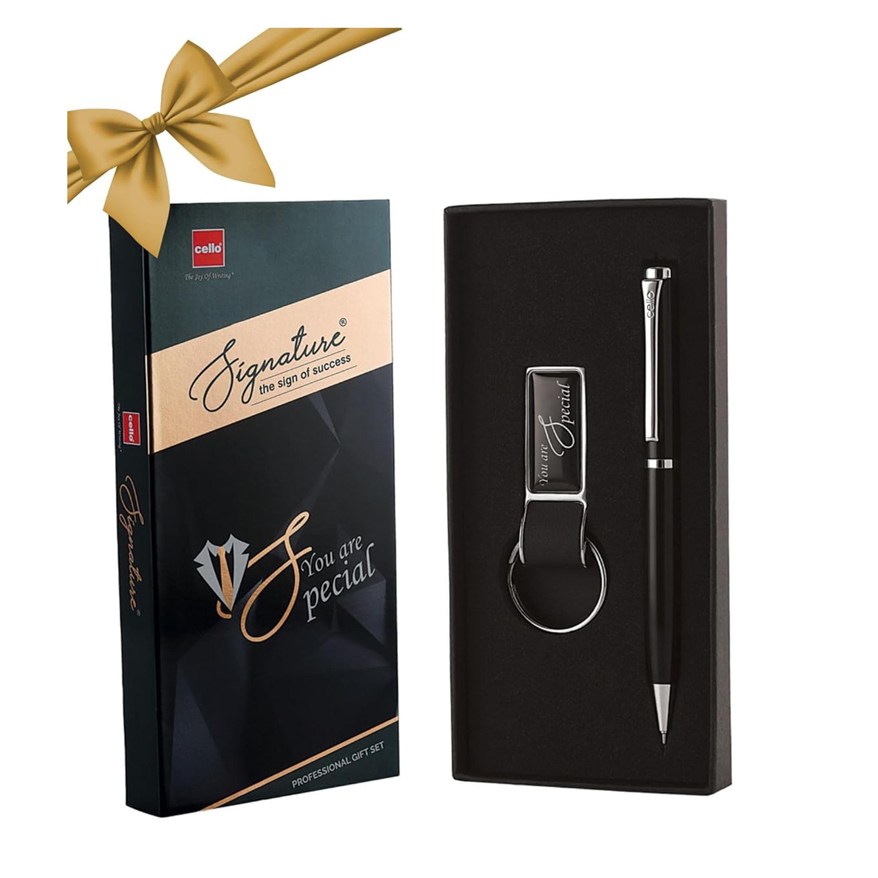 Cello Signature Professional Gift Set Blue Ball Pen With Metal Keychain Black Silver Finish For Office And Gifting