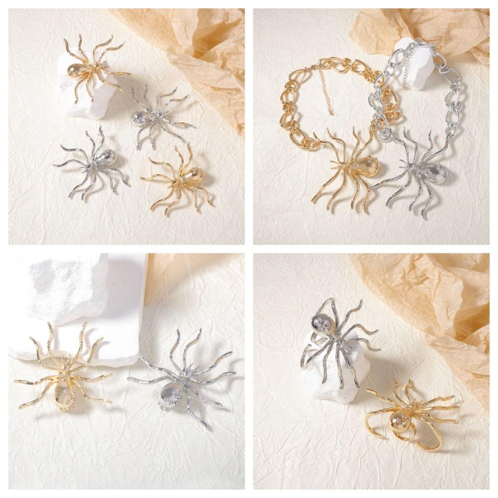 Opening Ring Exaggerated Spider Jewelry Set Brooch Insect Ear Studs Vintage Spider Necklace  Girls