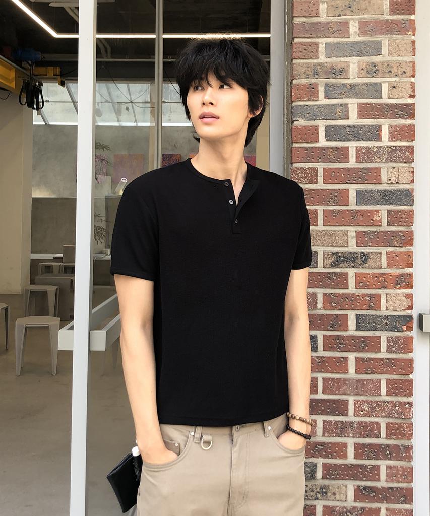 Dei Semi-Crop Henley Neck Waffle Short Sleeve T-Shirt_4 Color