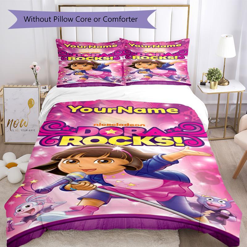 Dora Explorer Customize Your Name Bedding Set Breathable Duvet Cover with Pillowcases Home Decoration Birthday Gift