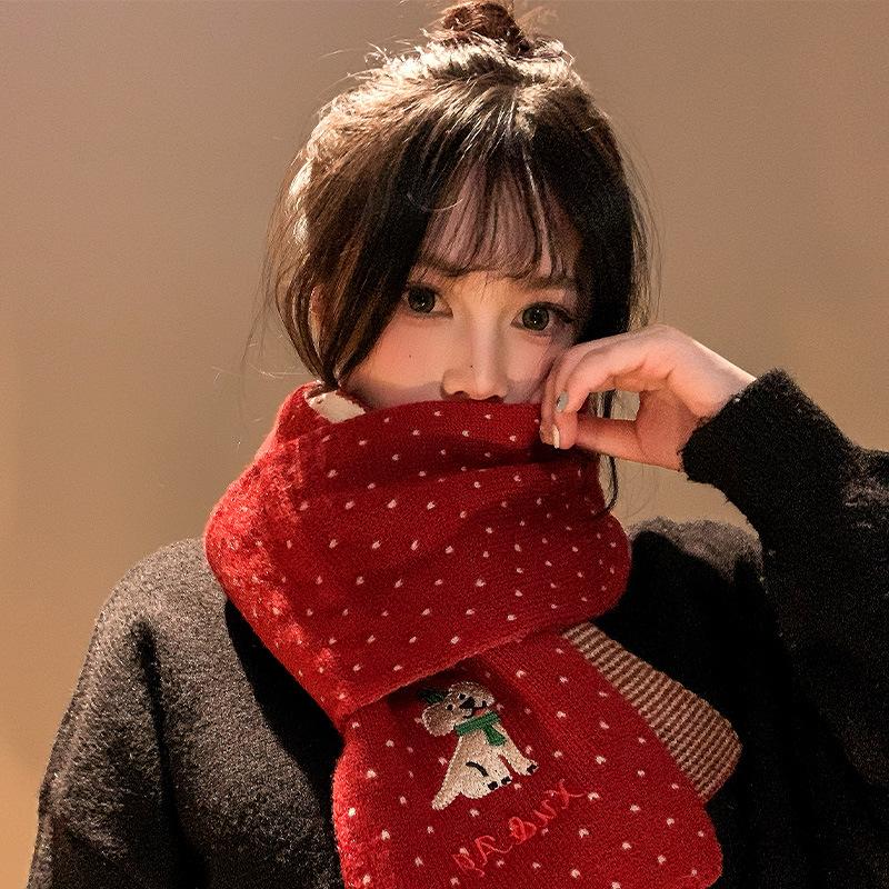 New Korean version cute puppy red knitted scarf female autumn and winter student warm versatile sweet scarf